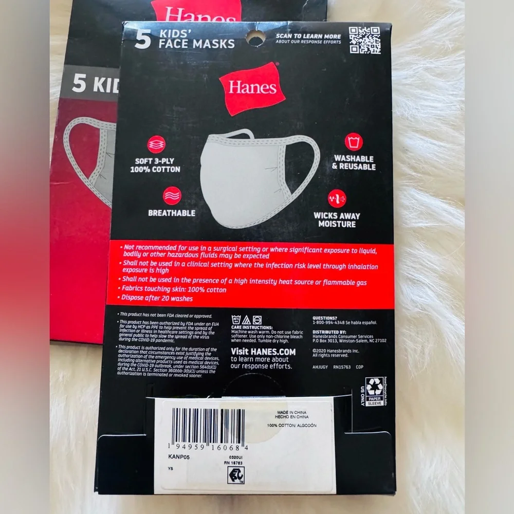 Hanes Cotton Kids' Face Masks - Soft Gray-2 packs of 5 NIB